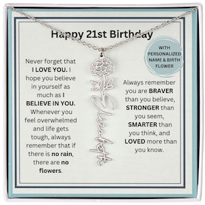 Gift For 21 Year Old Birth Flower Name Necklace, Personalized 21st Birthday Gift, Custom 21st Birthday Gift Daughter Niece Granddaughter