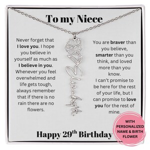 29th Birthday Gift for Niece Personalized Name & Birth Flower Necklace with Message Card, Meaningful Jewelry from Aunt or Uncle