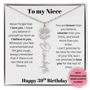 39. Geburtstagsgeschenk für Nichte Personalisierte Name & Geburtsblumenhalskette mit Nachrichtenkarte, bedeutungsvoller Schmuck von Tante oder Onkel