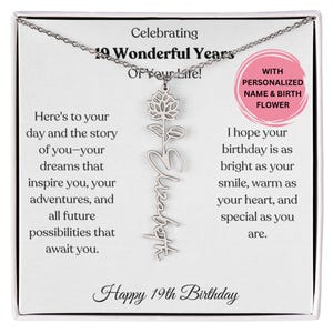 Collier prénom fleur de naissance 19e anniversaire pour elle, bijoux personnalisés pour femme, collier prénom personnalisé avec carte 19e anniversaire