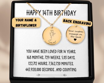 14th Birthday Gift for Her Birth Flower Name Necklace, 14 Birthday Gift For Her, Personalized 14th Birthday Gift Box Personalized Gift