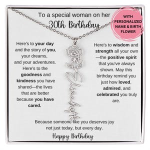 Cadeau du 30e anniversaire pour elle, collier prénom fleur de naissance avec carte de message, cadeau pour ami collègue meilleur ami femme bijoux d'anniversaire
