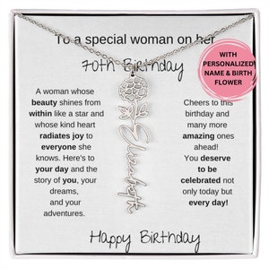 Collier prénom joyeux 70e anniversaire fleurs de naissance, cadeau pour une femme qui fête ses 70 ans, cadeau 70e anniversaire pour elle, carte message collier 70e anniversaire