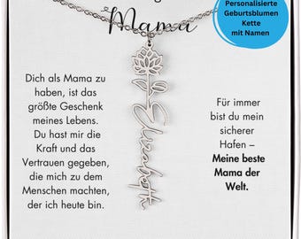 Personalisiertes Schmuck Geschenk für Mama, Geburtsblumen Namenskette mit Karte, Emotioner Spruch, ideales Muttertagsgeschenk, Weihnachten