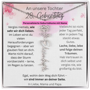 Geburtsblumen Namenskette Tochter Geschenk zum 28. Geburtstag, Personalisierte Kette mit Karte von Mama & Papa, Schmuck für Erwachsene