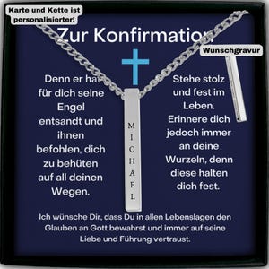 The image is a necklace with a pendant that says "Zur Confirmation" in German. The pendant has a nameplate with the name "Michael L." The necklace is described as a personalised gift, and it is presented against a dark blue background.