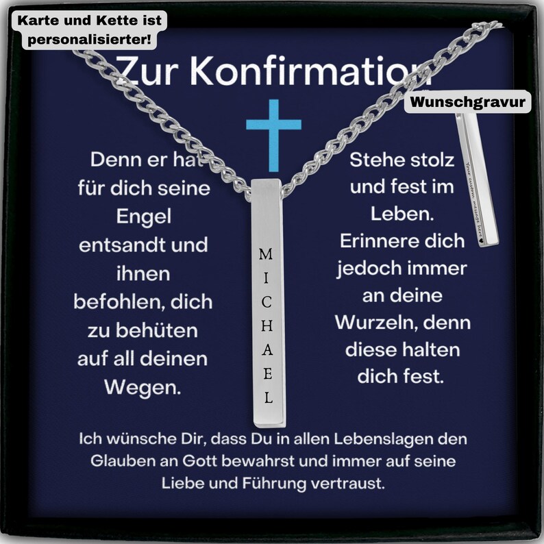 The image is a necklace with a pendant that says "Zur Confirmation" in German. The pendant has a nameplate with the name "Michael L." The necklace is described as a personalised gift, and it is presented against a dark blue background.