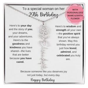 Cadeau du 29e anniversaire pour elle, collier prénom fleur de naissance avec carte de message, cadeau pour ami collègue meilleur ami femme bijoux d'anniversaire