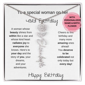 Happy 43rd Birthday Birthflower Name Necklace, Gift For A Woman Turning 43, 43rd Birthday Gift For Her, 43rd Birthday Necklace  Message Card