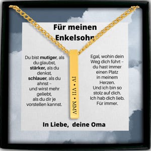 a necklace with a gold chain and a white card with German text. The card reads "Fur mein Enkelsohn" and includes a message about love and commitment.