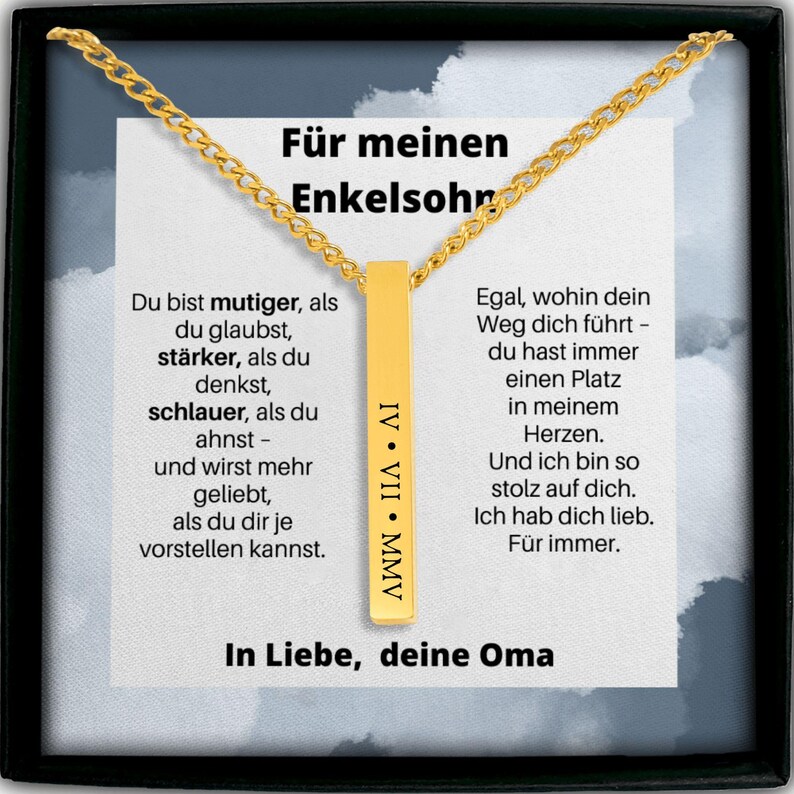 a necklace with a gold chain and a white card with German text. The card reads "Fur mein Enkelsohn" and includes a message about love and commitment.
