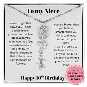10. Geburtstagsgeschenk für Nichte Personalisierte Name & Geburtsblumenhalskette mit Nachrichtenkarte, bedeutungsvoller Schmuck von Tante oder Onkel