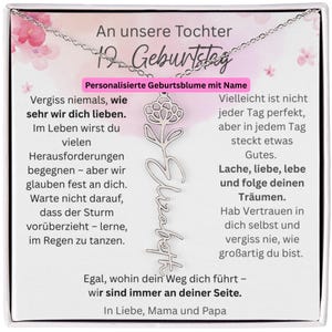 Geburtsblumen Namenskette Tochter Geschenk zum 19. Geburtstag, Personalisierte Kette mit Karte von Mama & Papa, Schmuck für Erwachsene
