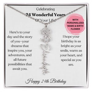 Collier prénom fleur de naissance 24e anniversaire pour elle, bijoux personnalisés pour femme, collier prénom personnalisé avec carte 24e anniversaire