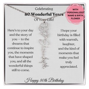Geburtsblume Namenskette 80. Geburtstag Geschenk für Frau, personalisierter Schmuck mit Karte, elegantes Geschenk für Sie, individuelles Geschenk für Mutter oder Freundin