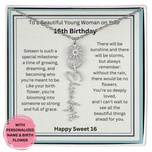 Cadeau de 16e anniversaire pour fille, collier personnalisé avec fleur de naissance, bijoux Sweet Sixteen avec carte, souvenir significatif pour adolescente