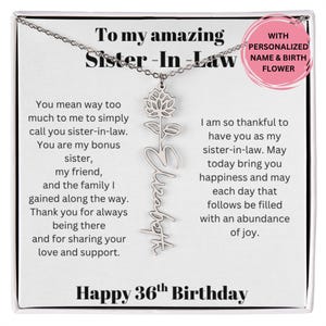 Cadeau du 36e anniversaire pour belle-sœur, collier avec fleur de naissance avec message, cadeau de bijoux personnalisés pour l'anniversaire d'une belle-sœur