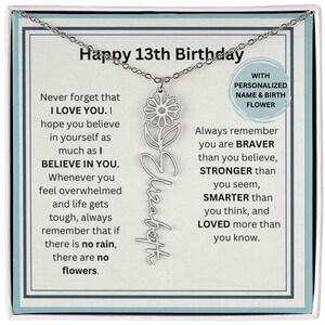 Gift For 13 Year Old Birth Flower Name Necklace, Personalized 13th Birthday Gift, Custom 13th Birthday Gift Daughter Niece Granddaughter