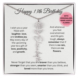 13th Birthday Name Necklace With Birthflower, Personalize 13th Birthday Gift for Daughter, Granddaughter, Niece, 13th Birthday Gift For Her