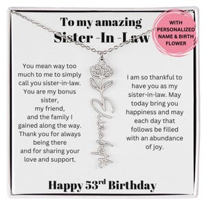 Cadeau d'anniversaire pour belle-soeur pour 53e anniversaire de naissance, collier avec fleur de naissance et carte de message, cadeau de bijoux personnalisés pour l'anniversaire d'une belle-sœur