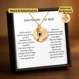 Prüfung bestanden Geschenk, Pusteblume Namenskette mit Geburtsstein, personalisierte Kette mit Name und Gravur