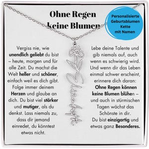 Puede incluir: Un collar plateado con un colgante con el nombre "Elizabeth" en escritura cursiva, un diseño floral y la frase alemana "Ohne Regen keine Blumen". El collar se muestra sobre un fondo blanco con texto en alemán.