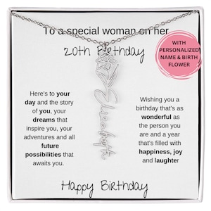 20th Birthday Birthflower Name Necklace , Gift For A Woman Turning 20, 20th Birthday Gift For Her, 20th Birthday Personalized Gift Set