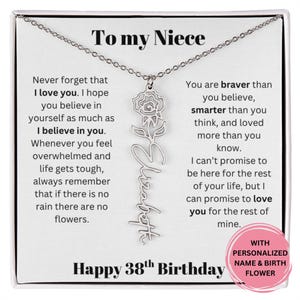 Presente de 38º aniversário para sobrinha: colar personalizado com nome e flor de nascimento, cartão com mensagem, joia significativa da tia ou do tio