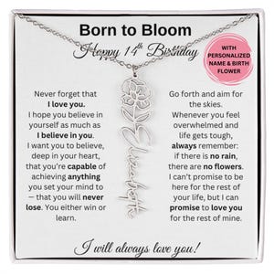 Colar com nome e flor de nascimento para filha, sobrinha, neta, afilhada, cartão de aniversário de 14 anos