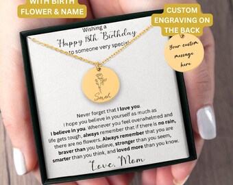 Personalized 18th Birthday Disc Birth Month Flower Necklace, 18th Birhday Gift For Her, Handmade Birthday Necklace With Name And Engraving