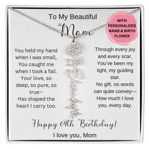 Collana con fiore di nascita, regalo per il 64° compleanno della mamma, con biglietto, regalo personalizzato per il 64° compleanno della mamma, gioiello sentimentale per lei