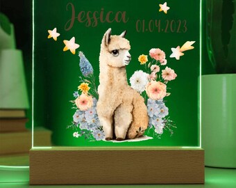 Lama Nachtlicht Personalisiert mit Namen Und Datum, Kinder Nachtlicht Sterne, Baby Geschenk Geburt, Tiere LED Nachtlicht Für Kinder