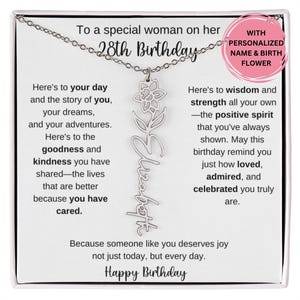 28th Birthday Gift for Her, Birth Flower Name Necklace with Message Card, Gift for Friend Coworker Best Friend Woman Birthday Jewelry