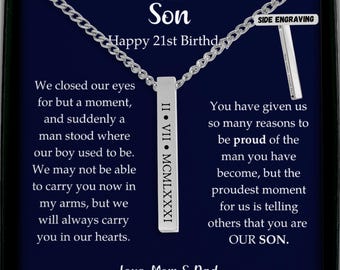 21. Geburtstagsgeschenk für den Sohn von den Eltern, personalisierte Bar-Römisch-Halskette für ihn, eingraviertes Namensanhänger-Schmucksohngeschenk für den 21