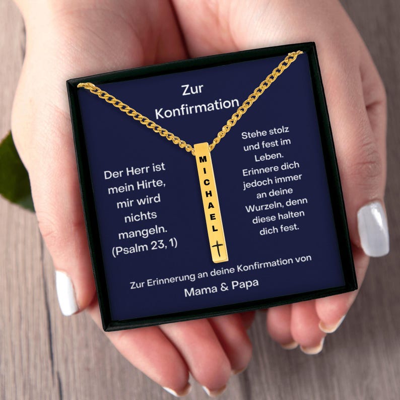 Geschenk Zur Konfirmation für Jungen Personalisierte 3d Vertikale Stab Kette Mit Namen Kreuz und Gravur, Barrenkette Sohn Konfirmation immagine 8