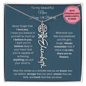 13th Birthday Name Birthflower Necklace for Niece From Aunt Jewelry Gift, Personalized 13th Birthday Gift Niece, Necklace Niece Turning 13