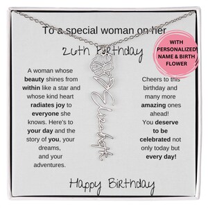 Happy 26th Birthday Birthflower Name Necklace, Gift For A Woman Turning 26, 26th Birthday Gift For Her, 26th Birthday Necklace  Message Card