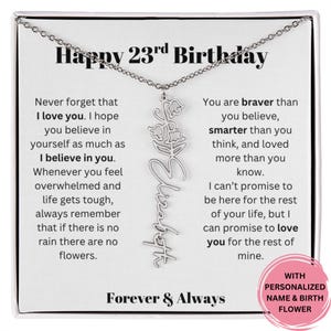 Collier cadeau pour 23e anniversaire - Prénom et bijoux personnalisés avec message sincère pour fille, fille, petite-fille et filleule en prime