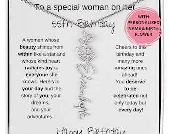 Happy 55th Birthday Birthflower Name Necklace, Gift For A Woman Turning 55, 55th Birthday Gift For Her, 55th Birthday Necklace  Message Card