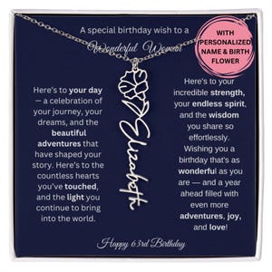 Cadeau du 63e anniversaire pour elle, collier prénom fleur de naissance avec carte de message, bijoux personnalisés pour femme, cadeau d'anniversaire collier prénom personnalisé
