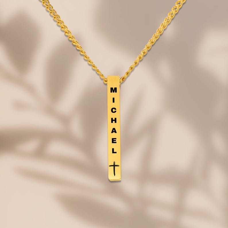 Geschenk Zur Konfirmation für Jungen Personalisierte 3d Vertikale Stab Kette Mit Namen Kreuz und Gravur, Barrenkette Sohn Konfirmation immagine 5