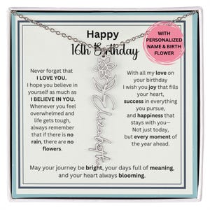 Regalo personalizado para su 16.º cumpleaños: collar con flor de nacimiento y tarjeta. Joyas personalizadas para adolescentes. Regalo para su hija y sobrina.