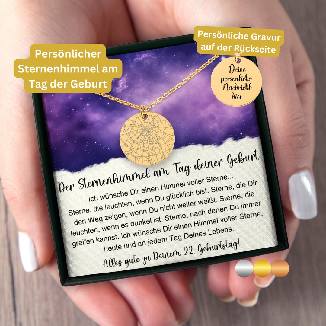 22. Geburtstag Tochter Geburtstagskette Sternenmappe, 18K Gold