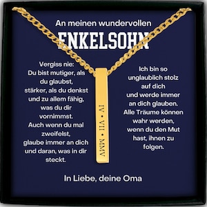 An heineken necklace with a gold chain and a gold pendant with the text "An meinen wundervolle ENKELSOHN" (An meinen wandering) engraved on it.