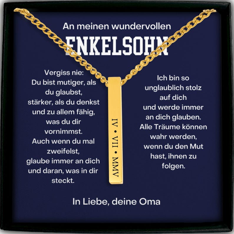 An heineken necklace with a gold chain and a gold pendant with the text "An meinen wundervolle ENKELSOHN" (An meinen wandering) engraved on it.