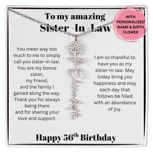 Cadeau 56e anniversaire pour belle-sœur, collier fleur de naissance avec message, cadeau bijoux personnalisés pour belle-sœur anniversaire