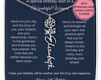 70th Birthday Birth Flower Necklace, 70th Birthday Card Name Necklace Set For Her Personalized 70th Birthday Gift Idea Sister Best Friend