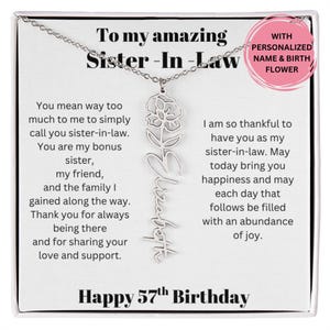 Cadeau 57e anniversaire pour belle-sœur, collier fleur de naissance avec carte de message, cadeau bijoux personnalisés pour belle-sœur anniversaire