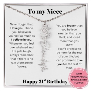 21. Geburtstagsgeschenk für Nichte Personalisierte Name & Geburtsblumenhalskette mit Nachrichtenkarte, bedeutungsvoller Schmuck von Tante oder Onkel