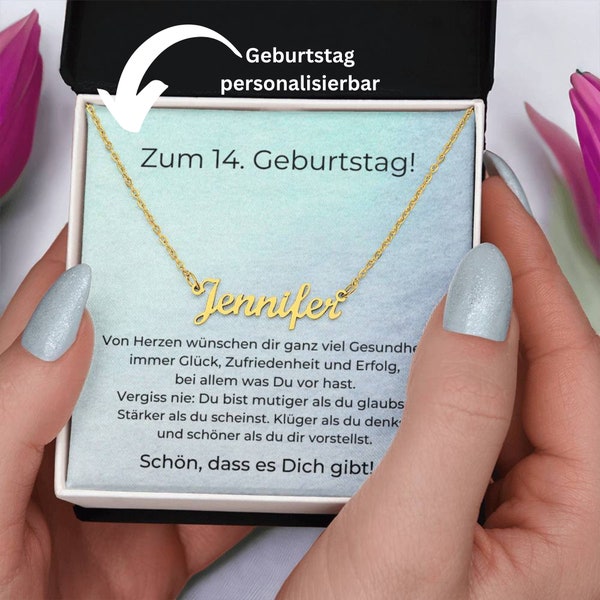 Zum 14. Geburtstag Personalisierte Namenskette, Mädchen Geschenk Zum 14 Geburtstag, 14-jähriges Mädchen Karte und Halskette Zum Geburtstag